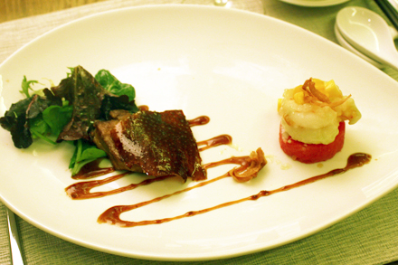 A Duo of Crispy Wasabi Prawn, and Peking Duck Skin over Pan-Seared Foie Gras